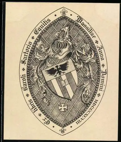 Exlibris Karoli Sartoria Equitis, Wappen mit Ritterhelm