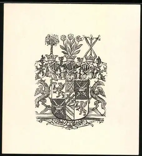 Exlibris Graf von Tersen, Wappen mit Ritterhelmen von Greifen flankiert