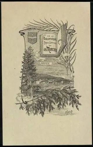 Exlibris von L. Chapuis für Franc Comtoise De J.B. Mercier, offenes Buch & Ortsansicht 1902