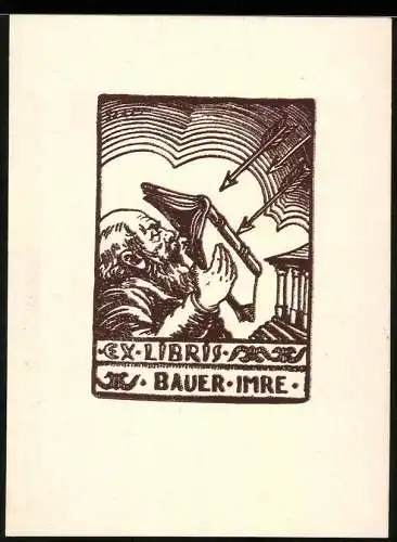 Exlibris Imre Bauer, Gelehrter schützt sich mit Buch vor Pfeilbeschuss