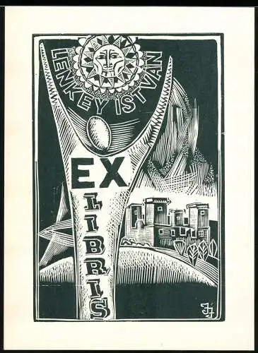 Exlibris von Janos Jozsa für Lenkey Istvan, Stabspitze mit Sonnensymbol über einer Festung