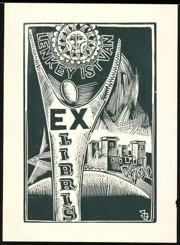 Exlibris von Janos Jozsa für Lenkey Istvan, Stabspitze mit Sonnensymbol über einer Festung