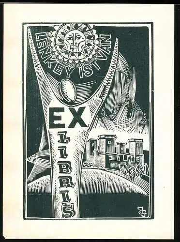 Exlibris von Janos Jozsa für Lenkey Istvan, Stabspitze mit Sonnensymbol über einer Festung