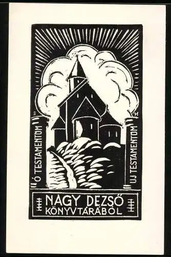 Exlibris von M. Stein für Nagy Dezsö, Kirche vor einer Wolke