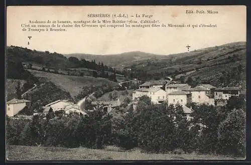 AK Serrières, La Farge et montagne de la Mère Boitier, vue sur les montagnes du Mâconnais et des Cévennes