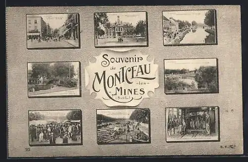 AK Montceau-les-Mines, Souvenir avec vues multiples de la ville et scènes de la vie quotidienne