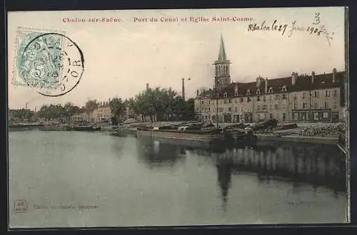 AK Chalon-sur-Saône, Port du Canal et Église Saint-Cosme