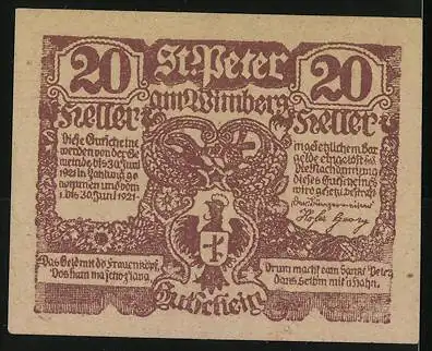 Notgeld St. Peter am Wimberg 1921, 20 Heller, Bauernaufstand und Wappen mit Adler