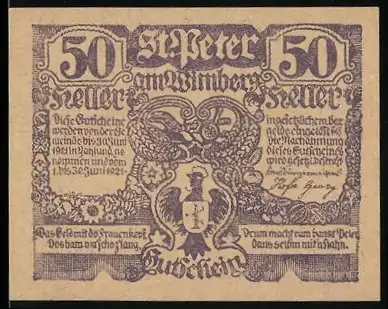 Notgeld St. Peter am Wimberg, 50 Heller, Stadtansicht und Wappen mit Adler