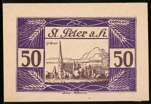 Notgeld St. Peter am Hart 1920, 50 Heller, Landschaft mit Kirche, Getreideähren