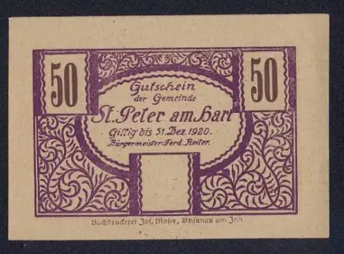 Notgeld St. Peter am Hart 1920, 50 Heller, Landschaft mit Kirche, Getreideähren