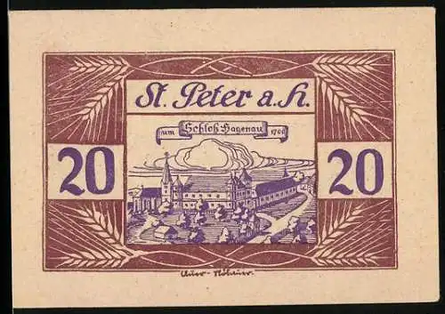 Notgeld St. Peter am Hart 1920, 20, Schloss Hagenau und dekoratives Muster