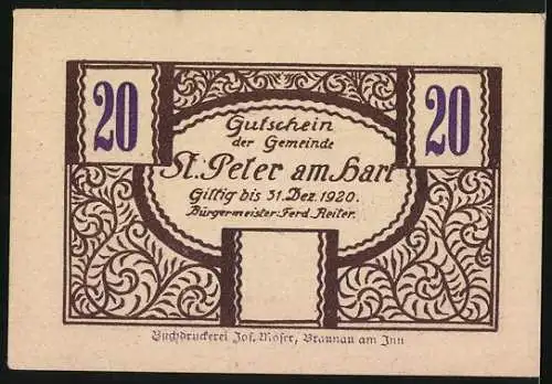 Notgeld St. Peter am Hart 1920, 20, Schloss Hagenau und dekoratives Muster