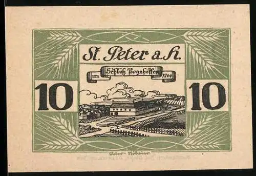 Notgeld St. Peter am Hart 1920, 10 Heller, Schloss Bogenhofen mit dekorativen Mustern