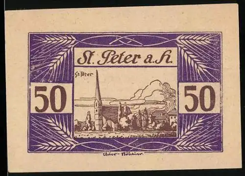 Notgeld St. Peter am Hart 1920, 50 Heller, Stadtansicht und dekorative Ornamente