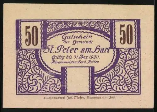 Notgeld St. Peter am Hart 1920, 50 Heller, Stadtansicht und dekorative Ornamente