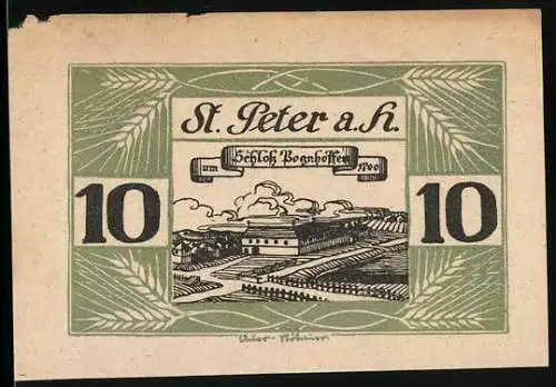 Notgeld St. Peter am Hart 1920, 10 Heller, Landschaftsansicht mit Güterzugstrecke und landwirtschaftlichen Feldern