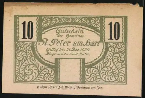 Notgeld St. Peter am Hart 1920, 10 Heller, Landschaftsansicht mit Güterzugstrecke und landwirtschaftlichen Feldern