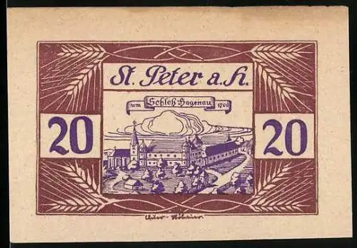 Notgeld St. Peter am Hart 1920, 20 Heller, Schloss Hagenau, florales Muster