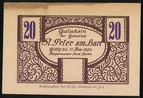 Notgeld St. Peter am Hart 1920, 20 Heller, Schloss Hagenau, florales Muster