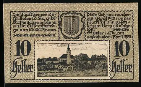 Notgeld St. Peter i. d. Au 1920, 10 Heller, Landschaftsansicht mit Wappen