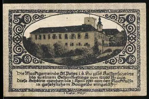 Notgeld St. Peter in der Au 1921, 50 Heller, Abbildung eines Gebäudes, Wappen und Seriennummer