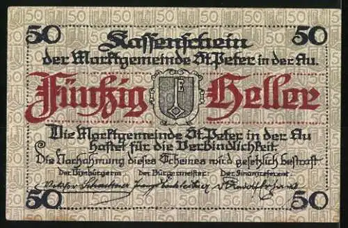 Notgeld St. Peter in der Au 1921, 50 Heller, Abbildung eines Gebäudes, Wappen und Seriennummer