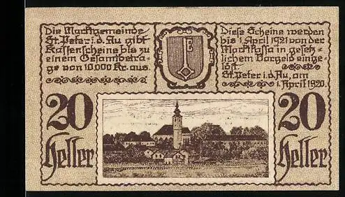 Notgeld St. Peter i. d. Au 1920, 20 Heller, Dorfansicht mit Kirche, Wappen, Text