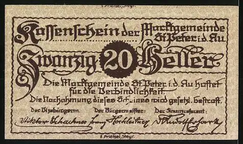 Notgeld St. Peter i. d. Au 1920, 20 Heller, Dorfansicht mit Kirche, Wappen, Text