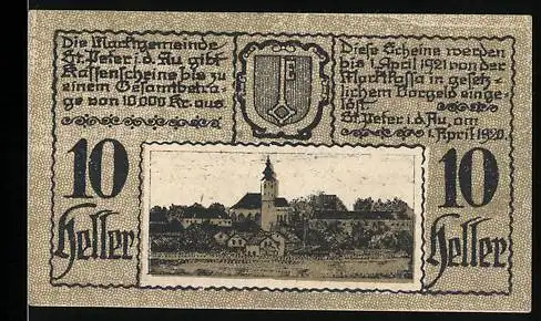 Notgeld St. Peter i. d. Au 1920, 10 Heller, Stadtansicht mit Wappen und Text