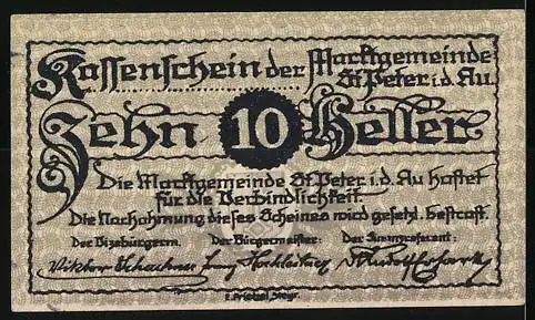 Notgeld St. Peter i. d. Au 1920, 10 Heller, Stadtansicht mit Wappen und Text