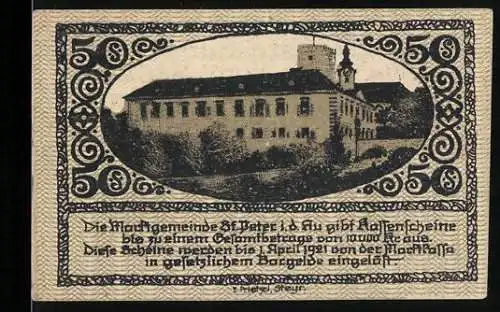 Notgeld St. Peter 1921, 50 Heller, Klosteransicht und Wappen der Marktgemeinde