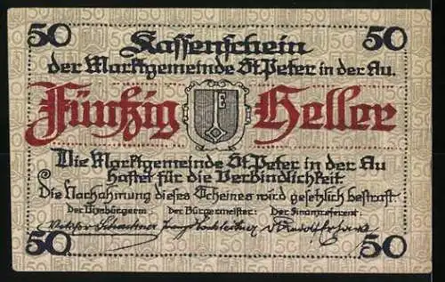 Notgeld St. Peter 1921, 50 Heller, Klosteransicht und Wappen der Marktgemeinde