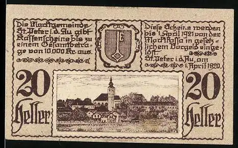 Notgeld St. Peter i.d. Au 1920, 20 Heller, Dorfansicht mit Kirche, Wappen