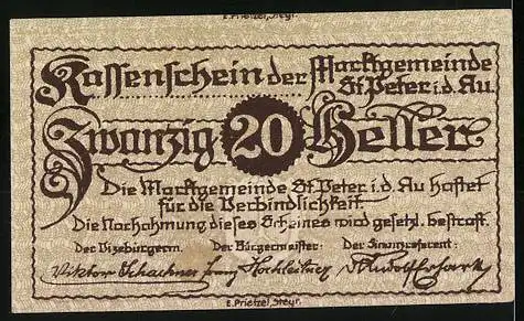 Notgeld St. Peter i.d. Au 1920, 20 Heller, Dorfansicht mit Kirche, Wappen