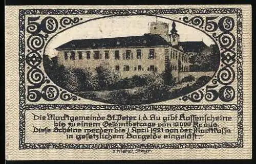 Notgeld St. Peter in der Au 1921, 50 Heller, Schlossansicht und Wappen, Ausgabe bis April 1921