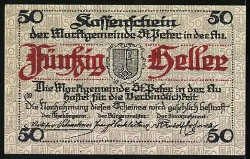 Notgeld St. Peter in der Au 1921, 50 Heller, Schlossansicht und Wappen, Ausgabe bis April 1921