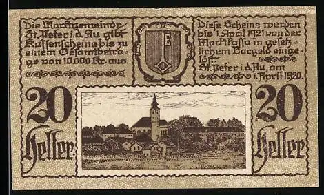 Notgeld St. Peter i.d. Au 1920, 20 Heller, Kirche und Landschaftsmotiv, Wappen