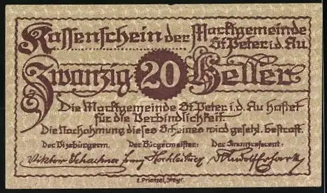 Notgeld St. Peter i.d. Au 1920, 20 Heller, Kirche und Landschaftsmotiv, Wappen