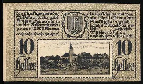 Notgeld St. Peter i.d. Au 1920, 10 Heller, Landschaft mit Kirche und Wappen