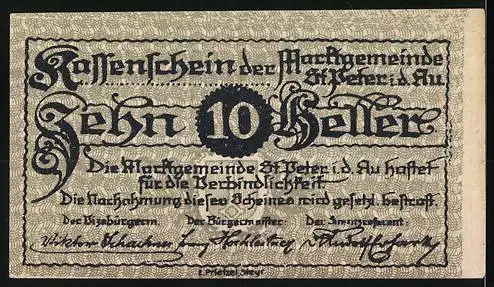 Notgeld St. Peter i.d. Au 1920, 10 Heller, Landschaft mit Kirche und Wappen