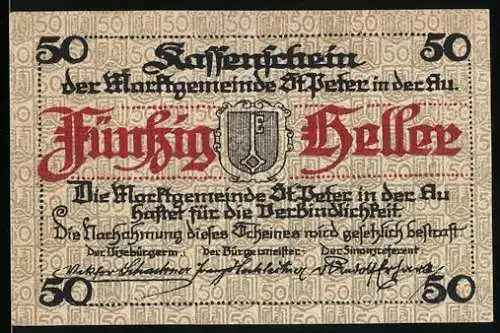 Notgeld St. Peter in der Au 1920, 50 Heller, Stadtansicht und Wappen