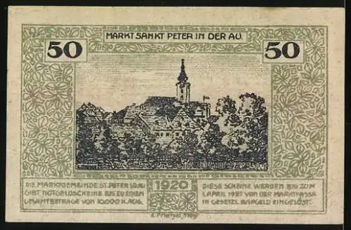 Notgeld St. Peter in der Au 1920, 50 Heller, Stadtansicht und Wappen