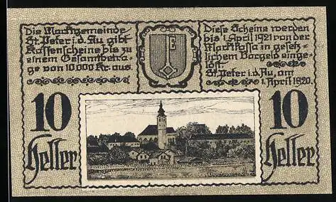 Notgeld St. Peter in der Au 1920, 10 Heller, Kirche und Dorfansicht, Wappen und Textumrahmung