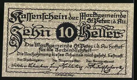 Notgeld St. Peter in der Au 1920, 10 Heller, Kirche und Dorfansicht, Wappen und Textumrahmung