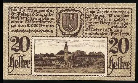 Notgeld St. Peter i.d. Au 1920, 20 Heller, Stadtansicht und Wappen