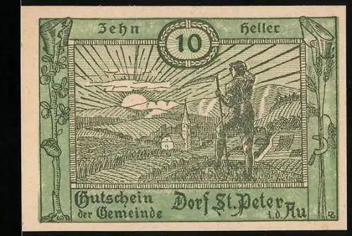 Notgeld St. Peter in der Au 1920, 10 Heller, Dorflandschaft mit Jäger und Kirche, gültig bis 30. Dez. 1920