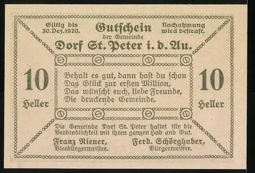 Notgeld St. Peter in der Au 1920, 10 Heller, Dorflandschaft mit Jäger und Kirche, gültig bis 30. Dez. 1920