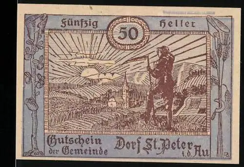 Notgeld St. Peter i.d. Au 1920, 50 Heller, Weingärtner mit Landschaft und Kirche, Gültig bis 30. Dez. 1920