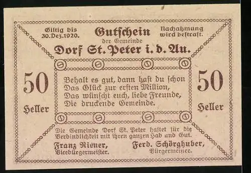 Notgeld St. Peter i.d. Au 1920, 50 Heller, Weingärtner mit Landschaft und Kirche, Gültig bis 30. Dez. 1920